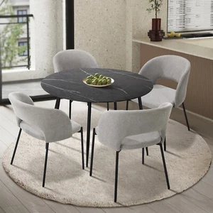 Oikiture 110cm Round Dining Table with 4PCS Dining Chairs Fabric Grey - Picture 1 of 10