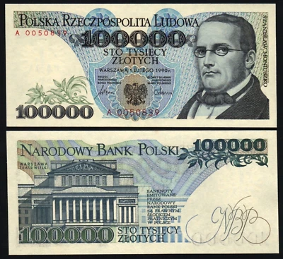 Poland 100000 ZLOTYCH P-154 1990 Low Serial # UNC A Prefix Polish Currency NOTE - Image 1 of 3