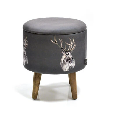 Stag Round Grey Storage Stool Wooden Legs Meg Hawkins Design 46cm - Image 1 of 2