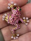 Gorgeous Pink Rhinestone Tree Frog Brooch Pin Gold Tone Great For Hats!