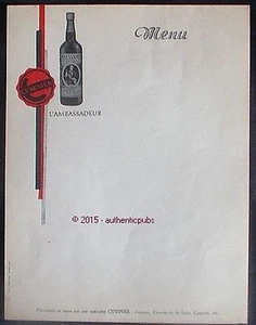 MENU L'AMBASSADEUR CUSENIER VIN APERITIF LIQUEUR COGNAC ANCIEN ET AUTHENTIQUE - Imagen 1 de 1