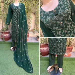 Pakistani Dark Green 3Pcs Fancy Chiffon Dress with thread embroidery ,XL - Picture 1 of 12