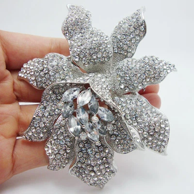 Bridal Fashion Romantic Clear Crystal Rhinestones Orchid Flower Brooch Pin - Image 1 of 4