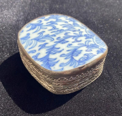 "Caja de baratijas fragmentos de porcelana azul blanco chino vintage chapada en plata cobre 3""" Foto 1 de 4