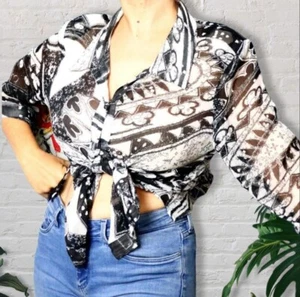 Elegant blouse Ladies 12 Black white sheer top evening Button Up Y2K Vintage - Bild 1 von 4