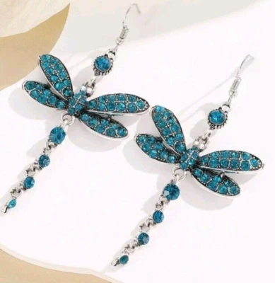 Bonitos Pendientes Colgantes Libélula Estrás Azul Verde Azulado Estilo Verano Insectos. Foto 1 de 4