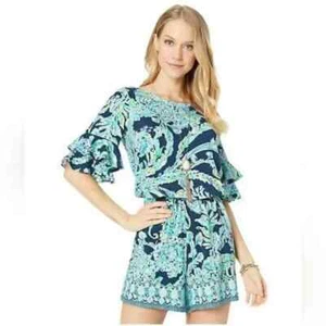 Lilly Lily Pulitzer Lula Romper Shorts High Tide Navy Scuba Doo Floral Size XS - Picture 1 of 10