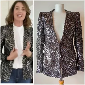Zara BNWT Silver Black Sequin Embroidered Embellished Blazer Jacket Trinny M - Picture 1 of 20