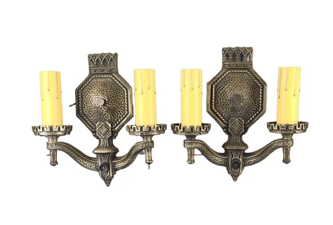 Antique Pair Hand Hammered Sconces Crown  English Tudor Spanish Revival Gothic Cover
