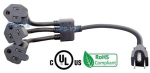 AC Power Splitter Cord With  3 NEMA 5-15 Receptacles 18" Long 14AWG Rating - Picture 1 of 5