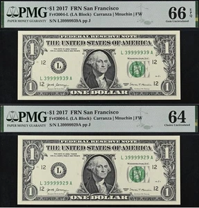 2017 $1 FRN PMG 64/66EPQ - Fancy Consecutive Serial Number 39999929 39999939 - Picture 1 of 5