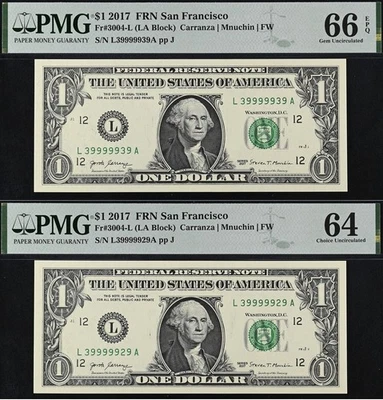 2017 $1 FRN PMG 64/66EPQ - Fancy Consecutive Serial Number 39999929 39999939 - Image 1 of 4