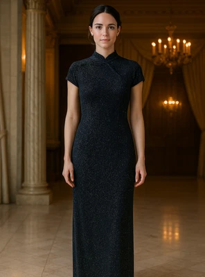 Maxi Vestido De Colección Cheongsam Qipao Para Mujer Talla 4P Negro Terciopelo Brillante Mandarín Foto 1 de 4