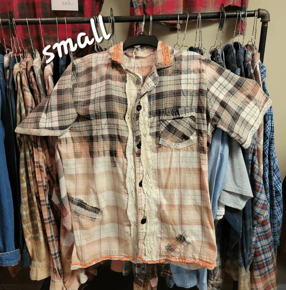 Flannel distressed shirt upcycled patchwork boho Hippie Reworked small repurpose - Image 1 of 4