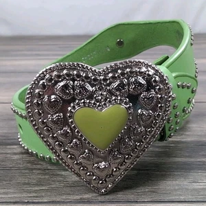 Nocona Belt Co Women's Western Hearts Green Leather Silver Buckle Size 24-28 W  - Picture 1 of 13