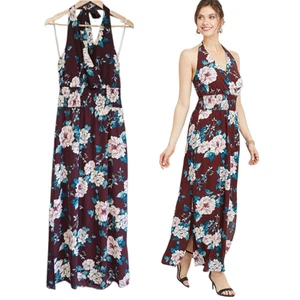 Maurices Neckholder Kleid Damen M weinrot dunkel Blumen Maxi gesmokt Y2K fließend NEU - Bild 1 von 14