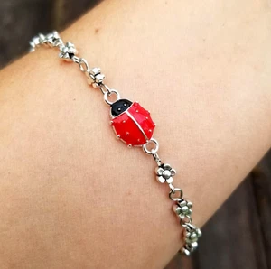 Tobillera Ladybug de plata, pulsera de tobillo Ladybug, joyería Ladybug, tobillera con flores - Imagen 1 de 5
