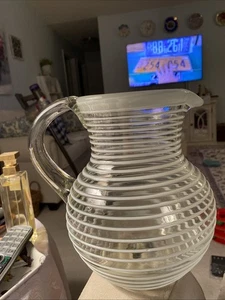 Kunstglas Krug weiße Ringe mundgeblasen Eistee Margarita Made in Mexico - Bild 1 von 4