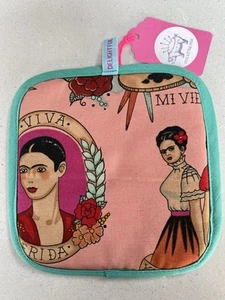 Frida Khalo pot holder hot pad in salmon teal Print Cotton Upholstery Handmade - Picture 1 of 5