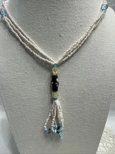 Beaded Hand Made Necklace Lamp Work Beads White Multi Color 30” - Picture 1 of 12