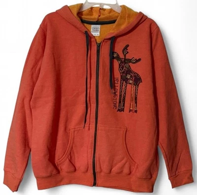 Gildan Orange Full Zip Hoodie with Artistic Deer Design Size Large - Image 1 of 4