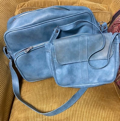 Vintage YKK Luggage Set Travel Matching Purse Sky Blue Carry On Made Korea VTG - Image 1 of 4