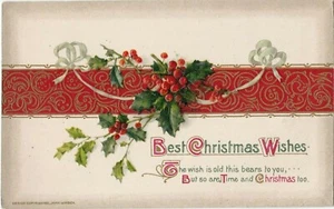 AK Beste Weihnachtswünsche Gedicht Stechpalme rot Winsch geprägt verschickt 1920 - Bild 1 von 2