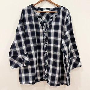 Skies Are Blue Top Womens 3X Black White Plaid Lace Up Tunic 3/4 Sleeve Relaxed - Picture 1 of 12
