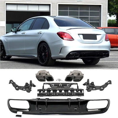 For Mercedes W205 S205 AMG Line Rear Diffuser Exhaust Trim BLACK AMG C63 S - Image 1 of 4