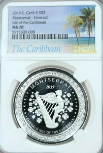 2019 EAST CARIBBEAN STATES SILVER 2 DOLLARS MONTSERRAT EMERALD ISLE NGC MS 70 ! - Picture 1 of 5