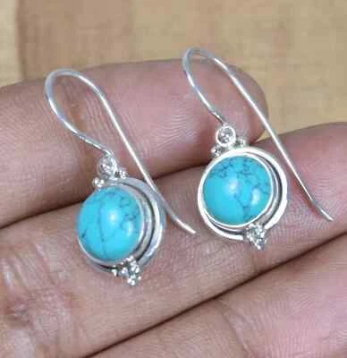 Solid 925 Sterling Silver Natural Round Turquoise Gemstone Earrings For Her - Image 1 of 4