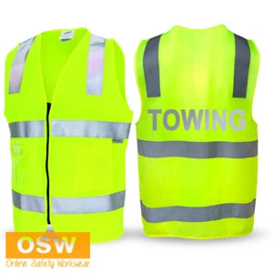 Hi Vis Yellow TOWING Day/Night Side Panel Safety Work Zipper Pocket NSW Vest - Picture 1 of 7