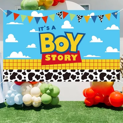 Banner con telón de fondo decoraciones de baby shower Boy Story, es un niño Stroy talla grande 3 Foto 1 de 4