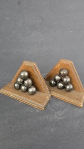 Cannonball Pyramid Bookends Pair Wood Metal Spheres Industrial Rustic Decor Desk - Picture 1 of 9