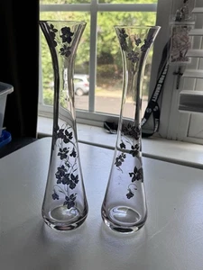 Vintage Glass Flower Vase Long Neck Blue Floral Design Slim Bud Vase Pair - Picture 1 of 8