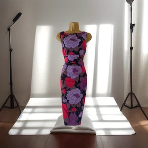 VINTAGE KAREN MILLEN FLORAL-PRINT COCKTAIL PENCIL DRESS UK 14 (US 10) EU 42 - Picture 1 of 24