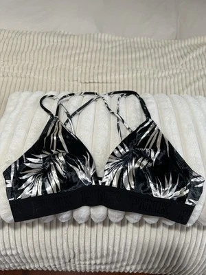 Bralette Victoria Secret ROSA Mediano Negro Blanco Palmeras Terciopelo Tirantes Foto 1 de 4