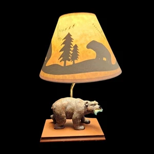 Rustic Bear Table Lamp with Fish Figurine Base Forest Silhouette Shade 10.5" - Picture 1 of 9