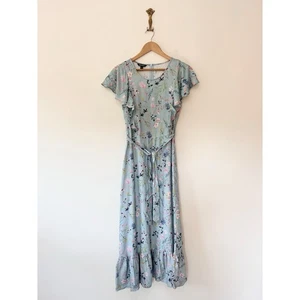 Baukjen Kaia Floral Midi Dress Size 12 Blue Ruffle Belted Wedding Guest - Picture 1 of 11