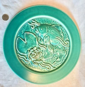 KOI FISH Plaque WALL HANGING Lily Pad LOTUS ZEN Blue-Green Pottery by SCF 12.25" - Picture 1 of 5