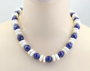 Lapislazuli Perlenkette - blaue Lapislazuli Kugeln mit Süßwasser-Perlen 48 cm  - Imagen 1 de 2