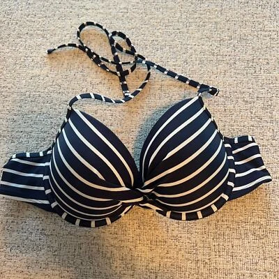 Top de bikini acolchado Aerie corbata halter talla 36B azul marino a rayas Foto 1 de 4
