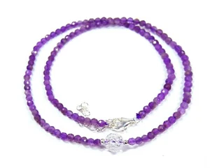 Amethyst Kette 925 Silber facettierte Kugelform Ø3 mm mit Bergkristall-Perle - Picture 1 of 4