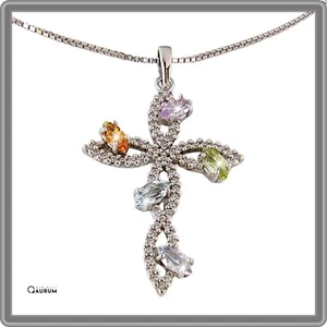 Collana da donna in argento 925 con Croce Pietre dure girocollo rodio oro bianco - Foto 1 di 8