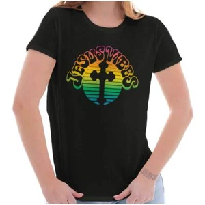 Christian Faith Rainbow Cross Jesus Vibes Womens Top Junior Graphic Tee - Picture 1 of 7
