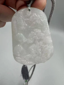 Oriental Chinese landscape carved white jade stone pendant necklace 2.2'' - Picture 1 of 9