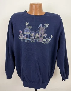 Vintage 90s Grandma Sweatshirt Unisex XL Birdhouse Bird Cottagecore Navy Blue - Picture 1 of 12