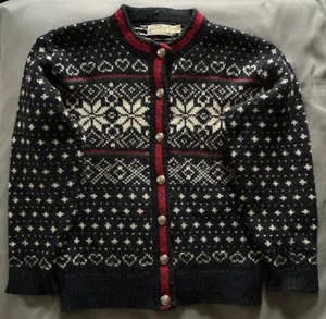 VTG LL Bean Nordic Snowflake Birdseye Cardigan Sweater Navy/Cran/Wh Women S EXC - Picture 1 of 8