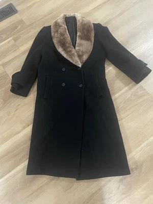 Abrigo negro con cuello de piel sintética de lana Saks Fifth Avenue para mujer talla 10 Foto 1 de 4