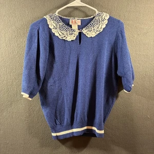 vtg women top medium blue lace coquette fairy dainty feminine victorian academia - Picture 1 of 6